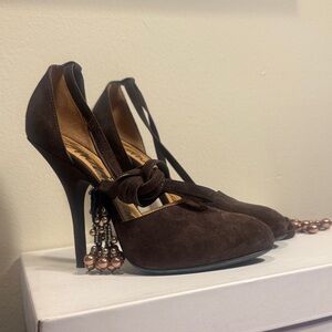 Lanvin Dark Brown Suede Heels with Beaded Accents